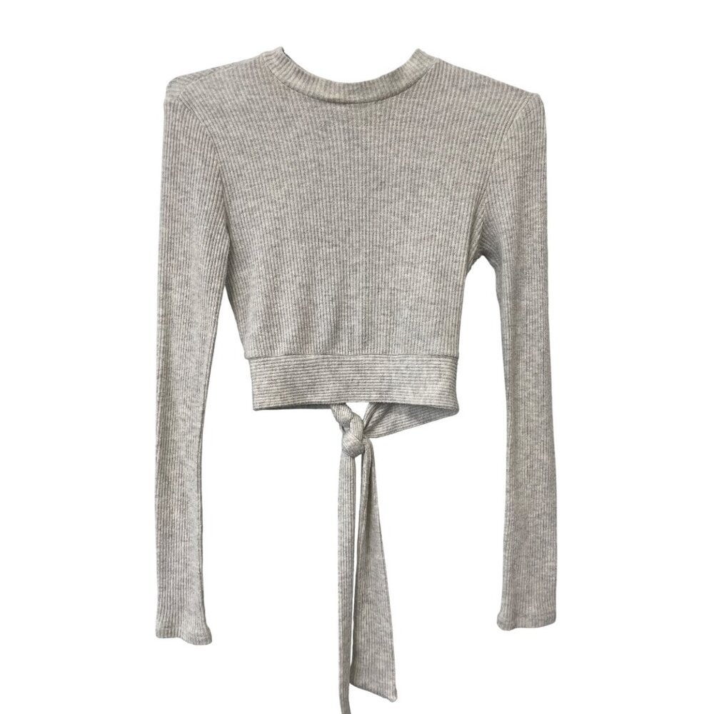 Audrey 3+1 Cropped Top Size Small Ribbed Long Sleeve Sweater Tie Open Back Gray